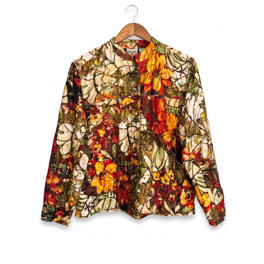 Chicos Silk Floral Print Sequin Embroidered Jacket Orange Red Green Size 1 Small